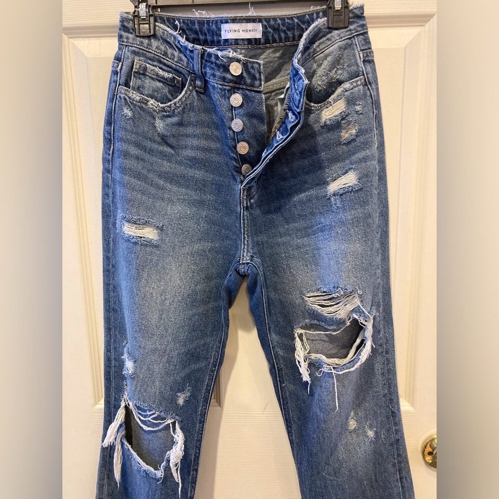 Flying Monkey Grunge Rip Distressed Concert Biker Button-Fly Jean Woman SZ 27